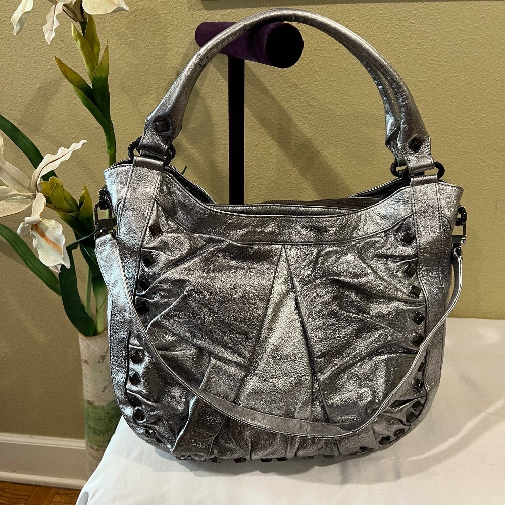 Treesje Silver Leather Hobo Handbag Soft Pleated Studded Lined Shoulder Bag